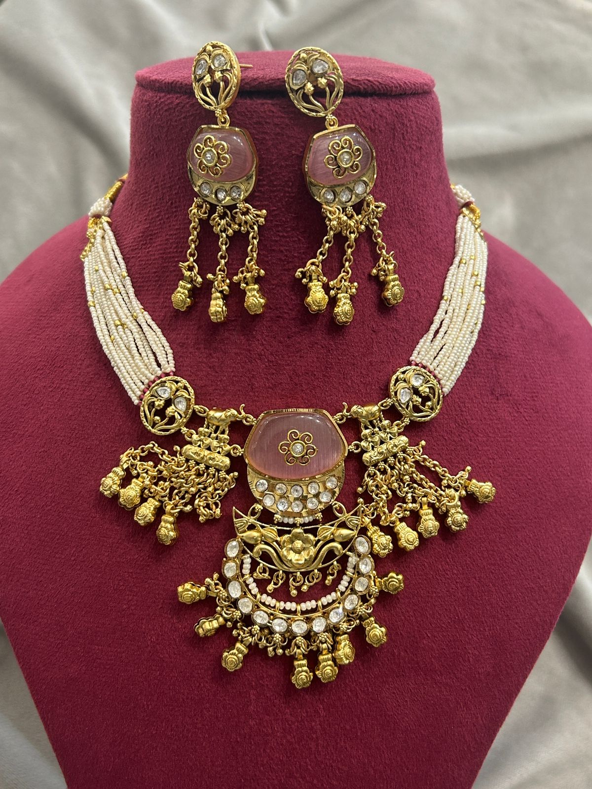 Antique Gold Plated Necklace Set with Pink Stone & Pearl Strings
